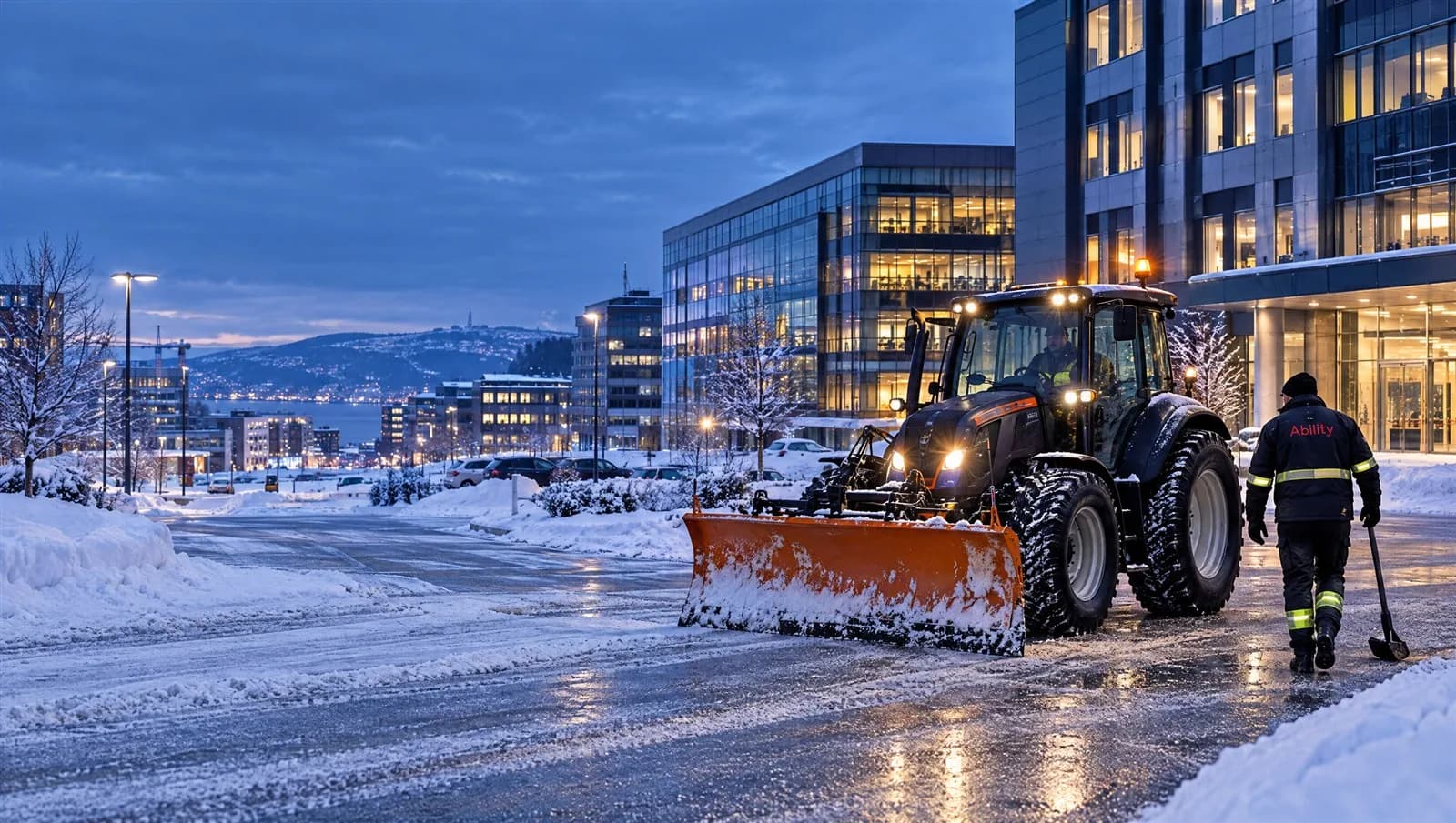 Ability-ansatt med snøskuffe på vei mot inngangen til et kontorbygg i vintermørket, med traktor og brøyteskjær på den ryddede veien bak