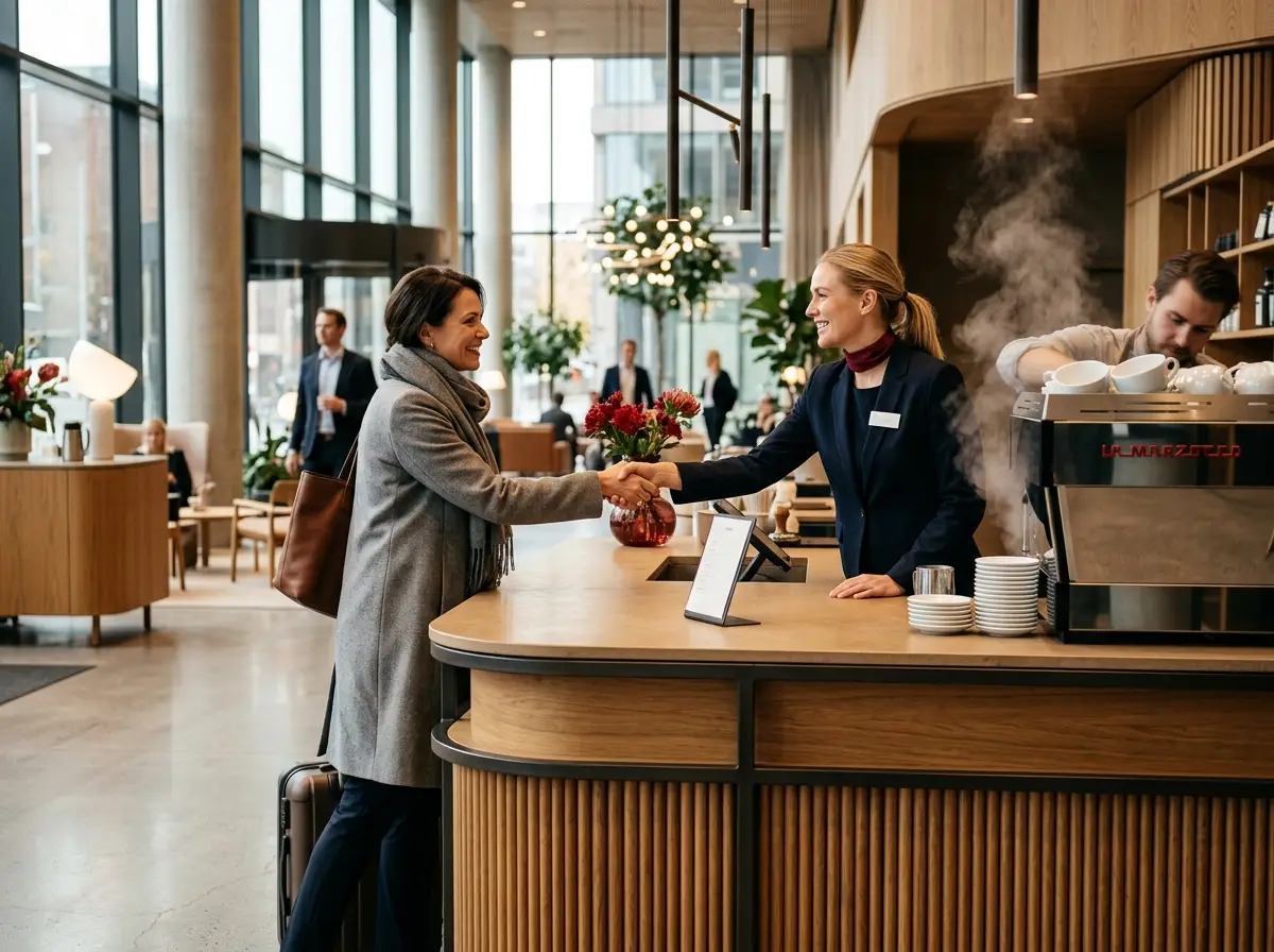 AI-generert illustrasjonsbilde: kombinert resepsjon og kaffebar med vertskap