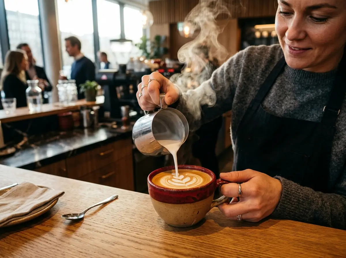 AI-generert illustrasjonsbilde: barista heller latte art i kopp