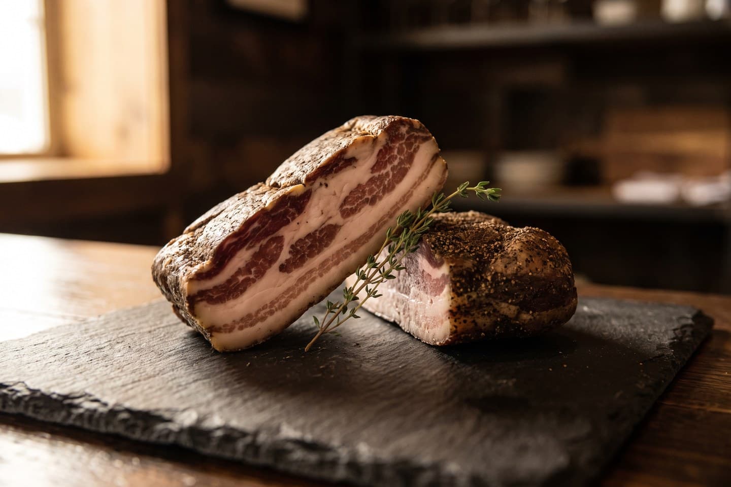 AI-generated illustration: dry-cured meat on a slate board
